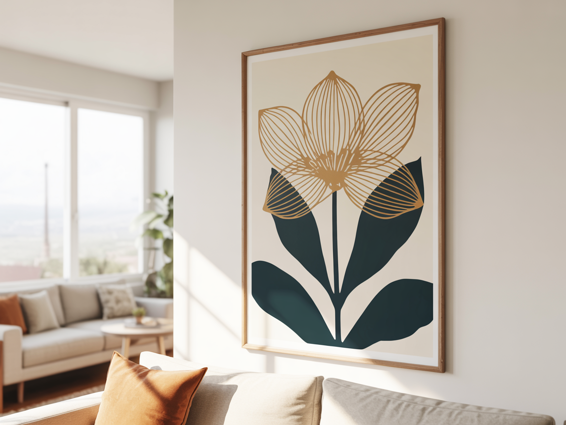 Golden-ratio bloom print framed in a sunlit living room